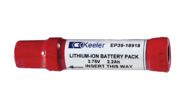 A red lithium ion battery pack with the label