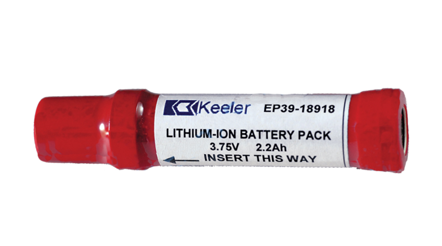 A red lithium ion battery pack with the label