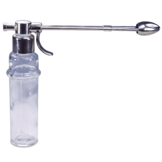 A spray bottle with a metal handle and a plastic container.