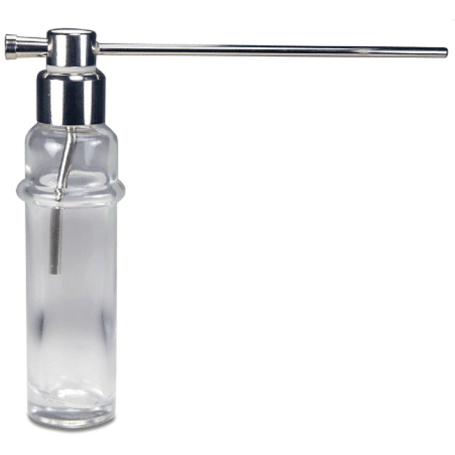 A clear glass bottle with a metal pump.