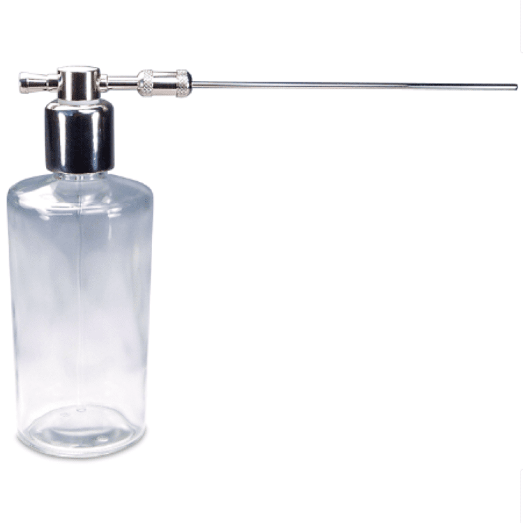 A clear bottle with a metal pump and a plastic tube.