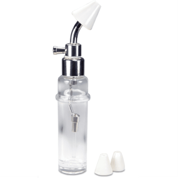 A clear bottle with a spray nozzle and two white caps.