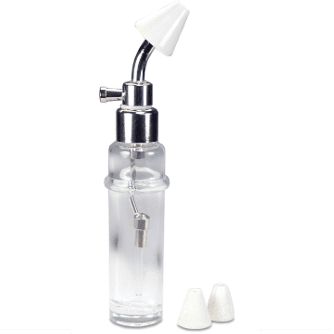 A clear bottle with a spray nozzle and two white caps.