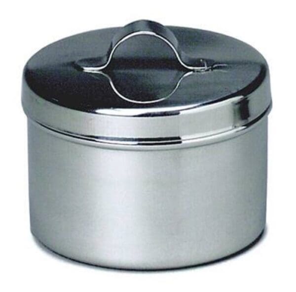 A metal container with a lid and a handle.